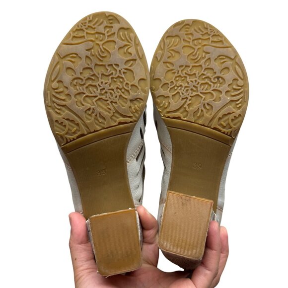 L'Artiste Angular Embossed/cut-outs Peep toe ankle Heel booties Women's sz 8.5 - Picture 7 of 12